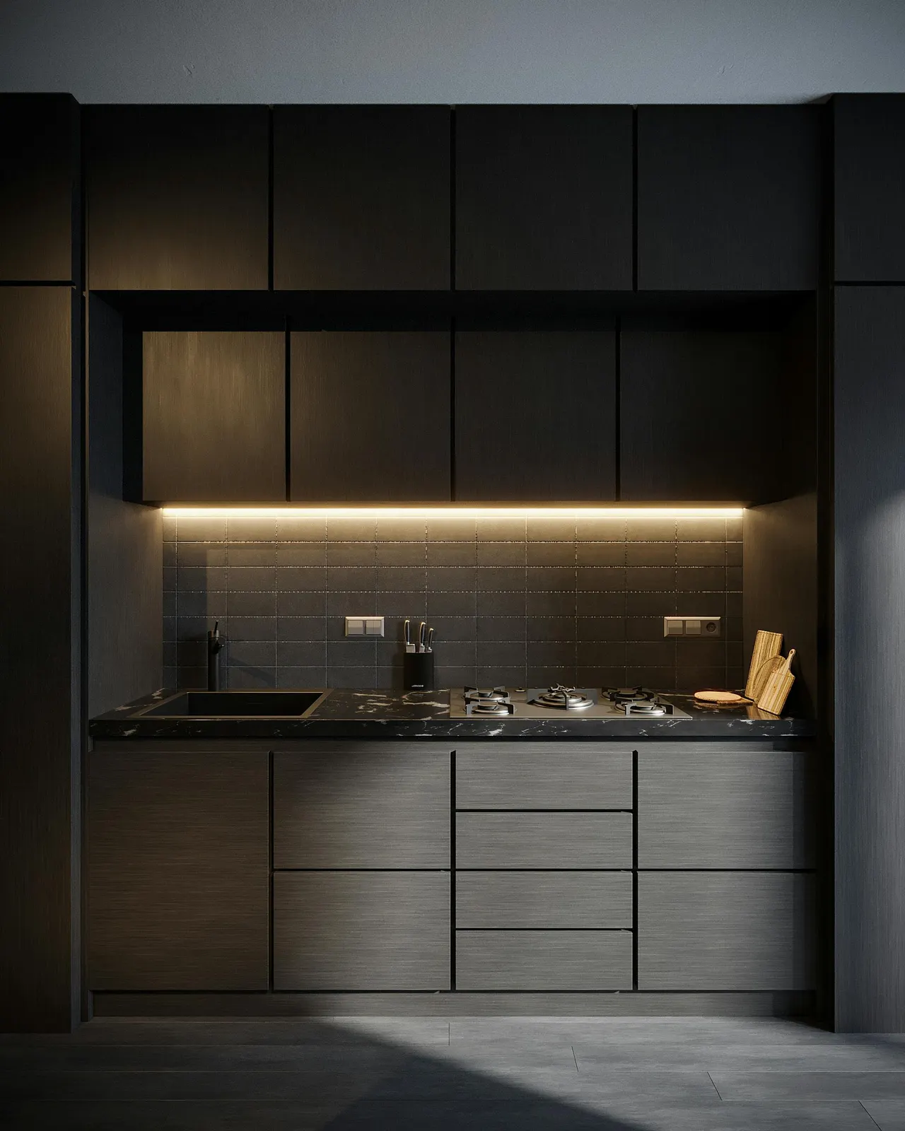 Matte black cabinetry with under-cabinet lighting